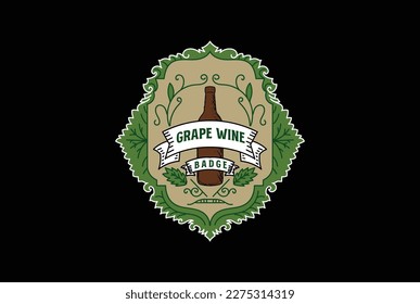 Vintage Retro Wine Bottle and Grape Leaf Ornament Border Frame Badge Emblem Stamp Label Logo Design Vector