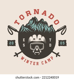 Vintage retro winter sport ski snowboard or adventure emblem, logo, badge, label. mark, poster or print. Monochrome Graphic Art. Vector Illustration. Engraving woodcut style.
