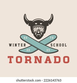 Vintage retro winter sport ski snowboard or adventure emblem, logo, badge, label. mark, poster or print. Monochrome Graphic Art. Vector Illustration. Engraving woodcut style.
