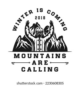 Vintage retro winter sport ski snowboard or adventure emblem, logo, badge, label. mark, poster or print. Monochrome Graphic Art. Vector Illustration. Engraving woodcut style.
