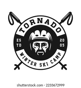 Vintage retro winter sport ski snowboard or adventure emblem, logo, badge, label. mark, poster or print. Monochrome Graphic Art. Vector Illustration. Engraving woodcut style.
