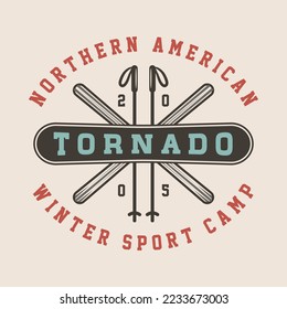 Vintage retro winter sport ski snowboard or adventure emblem, logo, badge, label. mark, poster or print. Monochrome Graphic Art. Vector Illustration. Engraving woodcut style.
