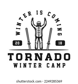 Vintage retro winter sport ski snowboard or adventure emblem, logo, badge, label. mark, poster or print. Monochrome Graphic Art. Vector Illustration. Engraving woodcut style.
