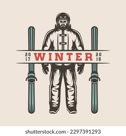 Vintage retro winter sport ski snowboard or adventure emblem, logo, badge, label. mark, poster or print. Monochrome Graphic Art. Vector Illustration. Engraving woodcut style.
