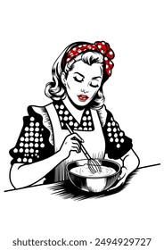 vintage retro woman mixing the cake batter