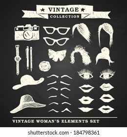 Vintage retro woman's elements set on chalkboard background, eps10