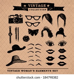 Vintage retro woman's elements set on the old style background with repeating geometric tiles of rhombuses, eps10