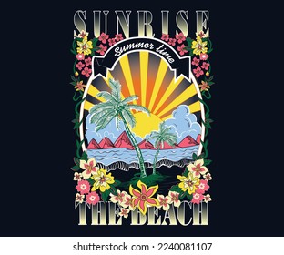 vintage retro women's graphic tee, sunshine beach, summer beach sunshine vector print design artwork, take me to the sunshine, Beach Paradise Print T-shirt Graphics Design, typography slogan on palm 