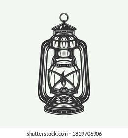 Vintage retro woodcut camping outdoor lamp fire. Can be used like emblem, logo, badge, label. mark, poster or print. Monochrome Graphic Art. Vector Illustration.
