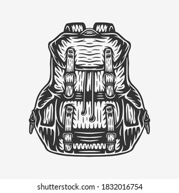 Vintage retro woodcut camping outdoor backpack bag. Can be used like emblem, logo, badge, label. mark, poster or print. Monochrome Graphic Art. Vector Illustration.
