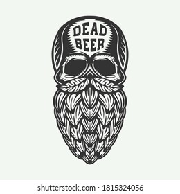 Vintage retro woodcut engraving skull with hop beard. Can be used like emblem, logo, badge, label. mark, poster or print. Monochrome Graphic Art. Vector Illustration.
