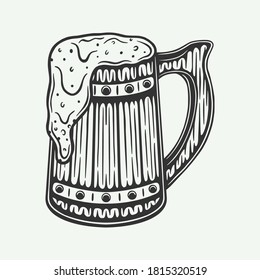 Vintage retro woodcut engraving  wooden beer drink mug. Can be used like emblem, logo, badge, label. mark, poster or print. Monochrome Graphic Art. Vector Illustration.
