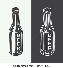 Vintage retro woodcut engraving wooden beer bottles. Can be used like emblem, logo, badge, label. mark, poster or print. Monochrome Graphic Art. Vector Illustration.
