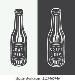 Vintage retro woodcut engraving wooden beer bottles glasses. Can be used like emblem, logo, badge, label. mark, poster or print. Monochrome Graphic Art. Vector Illustration.
