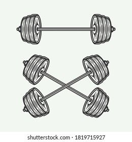 Vintage retro woodcut fitness gym barbell. Can be used like emblem, logo, badge, label. mark, poster or print. Monochrome Graphic Art. Vector Illustration.
