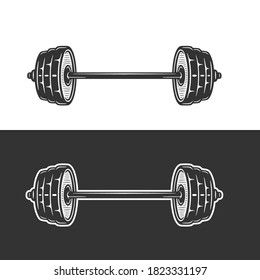 Vintage retro woodcut fitness gym barbell. Can be used like emblem, logo, badge, label. mark, poster or print. Monochrome Graphic Art. Vector Illustration.
