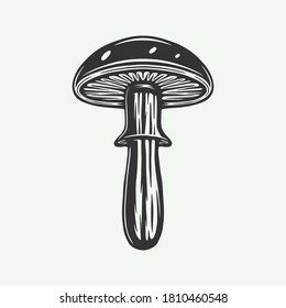 Vintage retro woodcut forest mushroom. Can be used like emblem, logo, badge, label. mark, poster or print. Monochrome Graphic Art. Vector Illustration.
