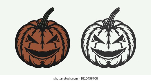 Vintage retro woodcut Halloween scary pumpkin. Can be used like emblem, logo, badge, label. mark, poster or print. Monochrome Graphic Art. Vector Illustration.
