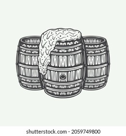 Vintage retro woodcut set of engraving beer wooden barrels. Can be used like emblem, logo, badge, label. mark, poster or print. Monochrome Graphic Art. Vector Illustration.