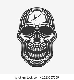 Vintage retro woodcut skull frontal with open mouth. Can be used like emblem, logo, badge, label. mark, poster or print. Monochrome Graphic Art. Vector Illustration.
