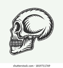 Vintage retro woodcut skull from the side view. Can be used like emblem, logo, badge, label. mark, poster or print. Monochrome Graphic Art. Vector Illustration.
