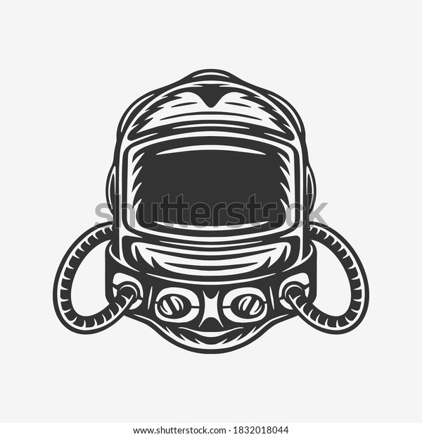 Vintage retro woodcut space galaxy\
helmet. Can be used like emblem, logo, badge, label. mark, poster\
or print. Monochrome Graphic Art. Vector\
Illustration.\
