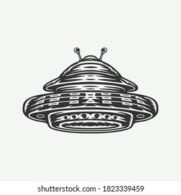 Vintage retro woodcut ufo alien spaceship аlying saucer. Can be used like emblem, logo, badge, label. mark, poster or print. Monochrome Graphic Art. Vector Illustration.
