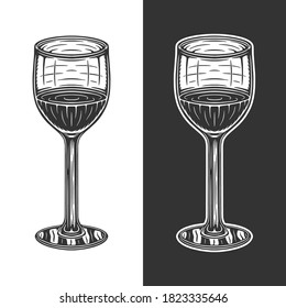 Vintage retro woodcut wine glass. Can be used like emblem, logo, badge, label. mark, poster or print. Monochrome Graphic Art. Vector Illustration.
