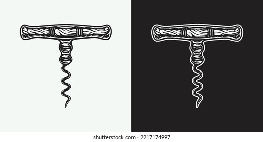 Vintage Retro Woodcut Wine Opener. Can Be Used Like Emblem, Logo, Badge, Label. Mark, Poster Or Print. Monochrome Graphic Art. Vector Illustration..	
