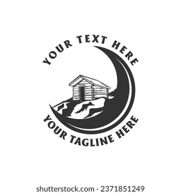 Vintage Retro Wooden Cabin Chalet Cottage Lodge with Night Crescent Moon for Outdoor Adventure Illustration Logo Vector