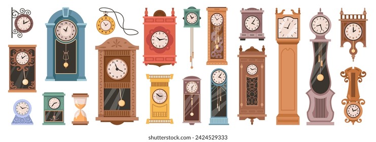 Vintage or retro wooden clocks with hours and faces. Vector flat cartoon style, isolated antiquity element of interior design. Antique pocket watch with carved decor, hourglass with sand