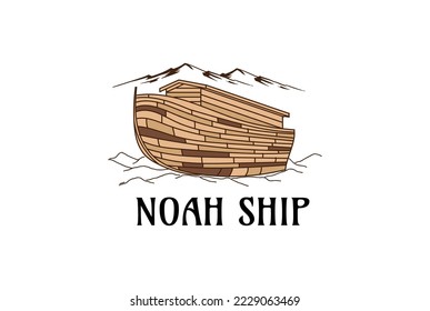 Vintage Retro Wooden Noah Ark Ship Boat Vessel over The Hill Logo Design