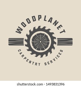 Vintage retro woodwork lumber logo, badge, emblem. Line woodcut style. Monochrome Graphic Art. Vector Illustration. 
