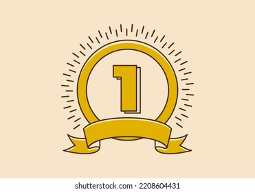 Vintage retro yellow circle badge with number 1 on it