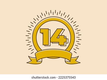 Vintage retro yellow circle badge with number 14 on it