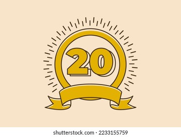 Vintage retro yellow circle badge with number 20 on it