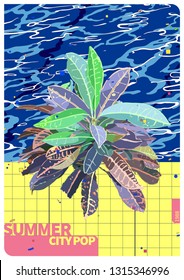 Vintage retrowave city pop style tropical Croton plant and 80s style swimming pool graphic illustration background template