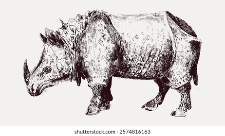 Vintage rhino illustration showcasing a detailed rhino drawing. This rhino art piece highlights intricate rhino textures and features. Vintage animal illustration isolated on white background, vector.