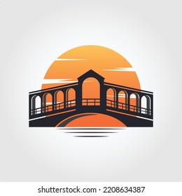 vintage rialto bridge with sunset background logo design. bridge logo illustration.