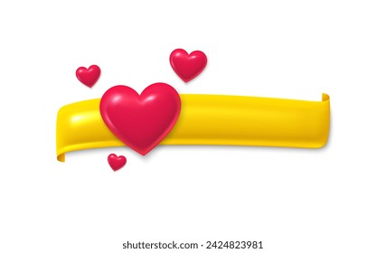 Vintage ribbon 3d banner with hearts. Graphic tag love element for text. Design ribbon engrave element. Sticker for shop product tag, new label banner or sale poster frame. Vector illustration