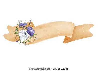 Vintage ribbon banner with bouquet of white and purple flowers . Watercolor vector illustration of ribbon with flower for wedding, birthday invitation design. Copy space