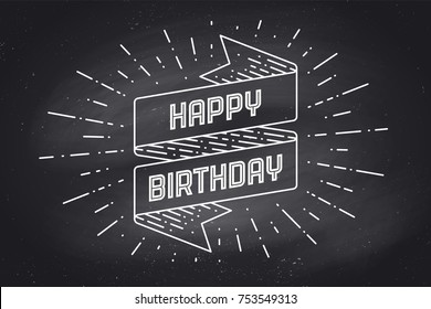 Vintage ribbon banner and drawing in engraving style with text Happy Birthday. Hand drawn design element. Happy Birthday typography for greeting card, banner and poster. Vector Illustration