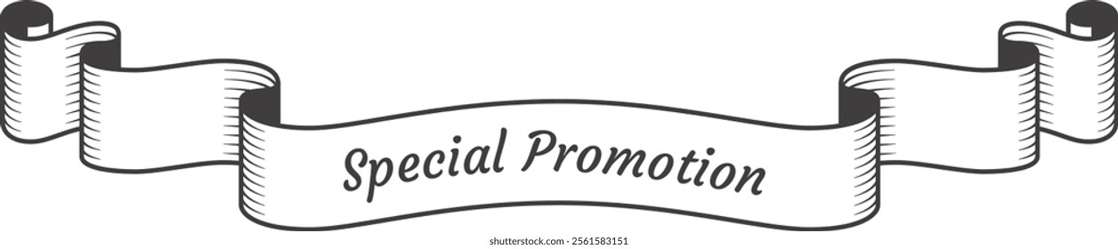 Vintage ribbon banner featuring elegantly curled edges, showcasing the words special promotion, evoking a sense of exclusivity and marking a significant occasion