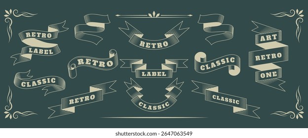 Vintage ribbon. Banner frame. Arch retro label, antique background, hand-drawn line icon. Blank scroll, curved sticker collection, retro tag. Vector elegant classic garish badge isolated design set