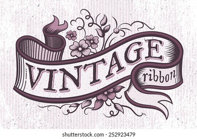 Vintage Ribbon Banner Grunge With Flowers 