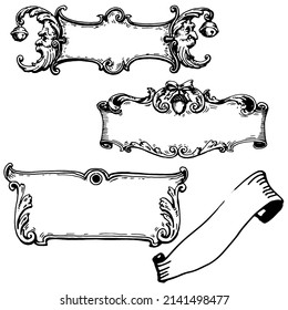 Vintage Ribbon Banner hand drawn illustration in vintage engraved style. Retro isolated on white background. Design elements for greeting cards, banners, invitations.