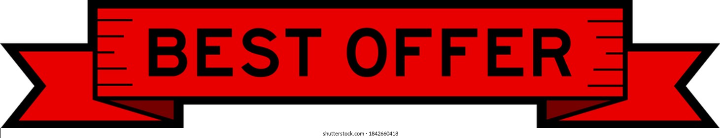 Vintage ribbon banner in red color with word best offer on white background