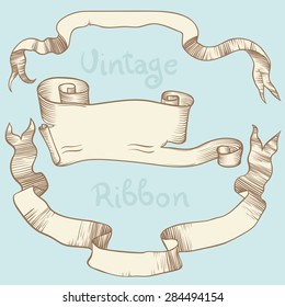 Vintage Ribbon Banners blue fon. Hand draw. Vector