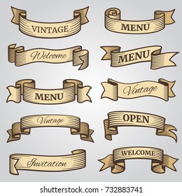 Vintage ribbon banners with engraved shadows vector set. Ribbon flag collection drawing, swirl and twisted invitation and welcome illustration