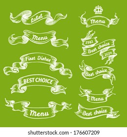 Vintage ribbon banners, hand drawn set. Menu background